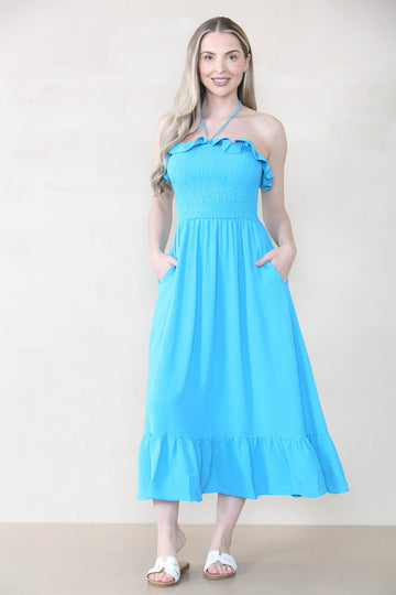 KATCH ME Women's Lovely Plain Sleeveless Frill Front Tie Thin Waist Pleated Maxi Dress Dresses